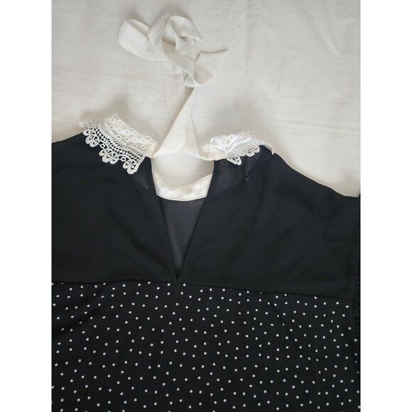 Faith And Joy Women's Black Polka Dot Eyelet Lace Collar Blouse Size Medium - Picture 6 of 12